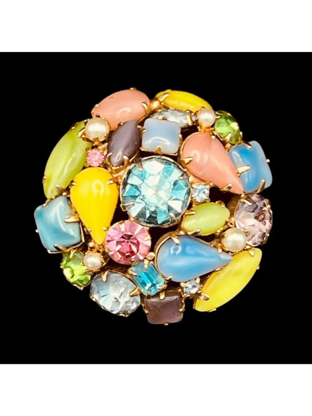 Vintage Pastel Tutti Frutti Brooch Rhinestones Pearls Gems 1.5